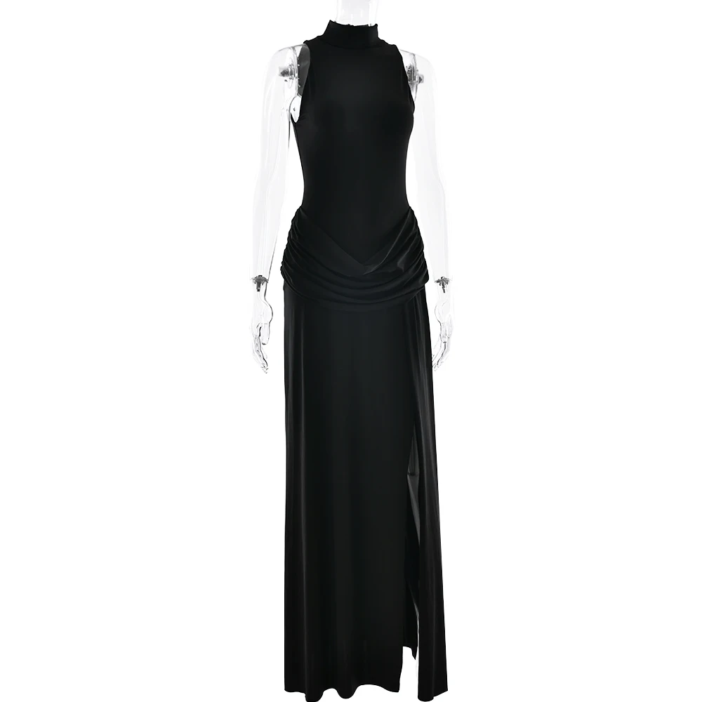JULISSA MO Sexy High Slit Turtleneck Women Maxi Dress White Sleeveless High Waist Dress Femme Summer Slim Elegant Party Clubwear