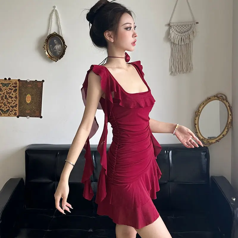 Spring Summer New Square Collar Gathered Chest Strap Short Skirt Waist in Mini Party Dress Sleeveless Gathered Hemline Dress