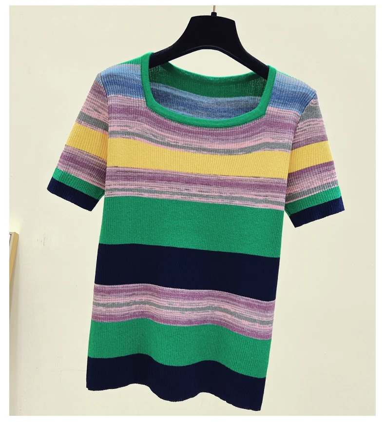 Summer Thin Oversized Striped Tshirt Sweater Women Short Sleeve Square Collar Tops Fashion Loose Stylish Ladies Knitwear Jumpers