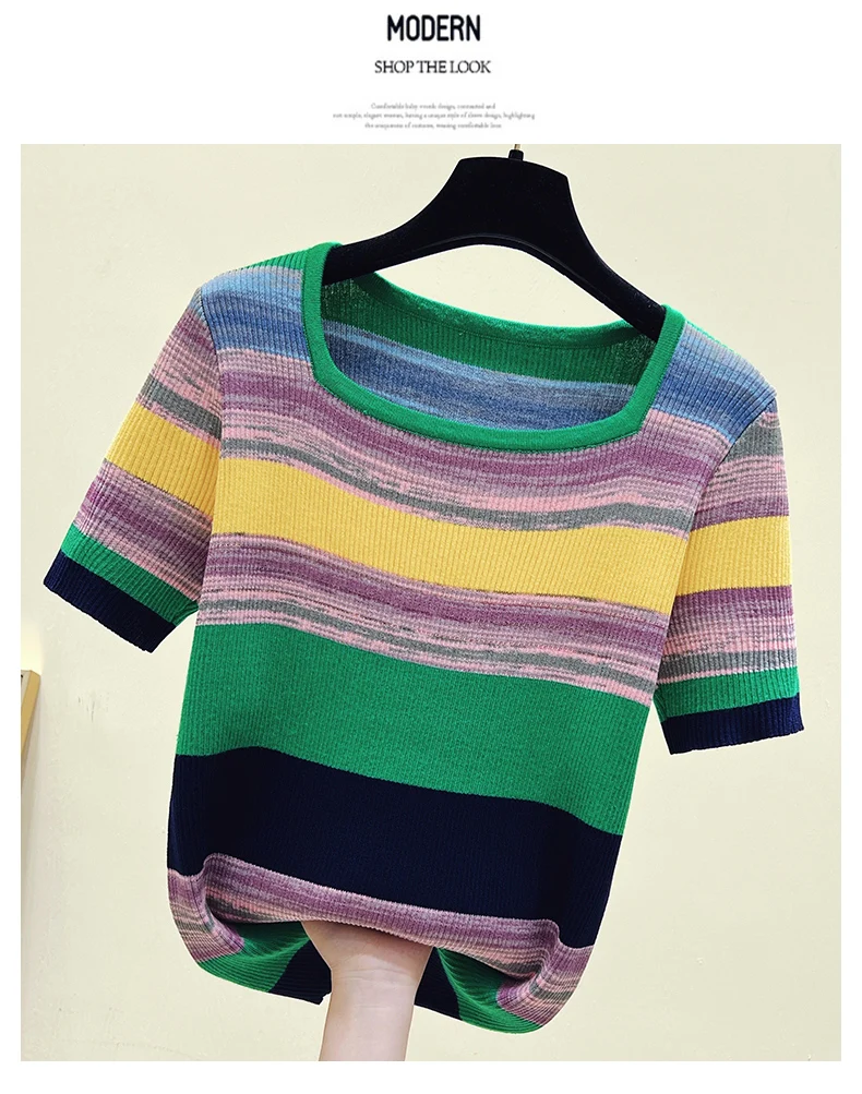 Summer Thin Oversized Striped Tshirt Sweater Women Short Sleeve Square Collar Tops Fashion Loose Stylish Ladies Knitwear Jumpers