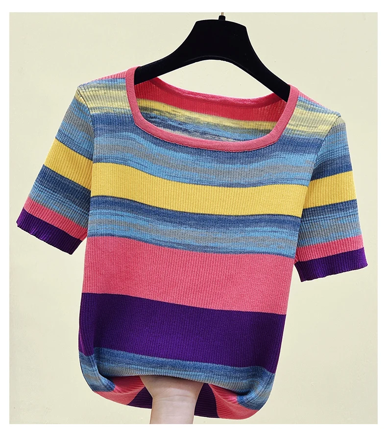 Summer Thin Oversized Striped Tshirt Sweater Women Short Sleeve Square Collar Tops Fashion Loose Stylish Ladies Knitwear Jumpers
