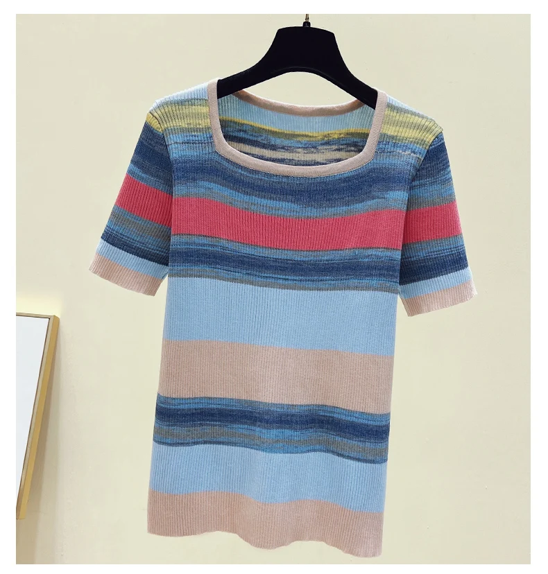Summer Thin Oversized Striped Tshirt Sweater Women Short Sleeve Square Collar Tops Fashion Loose Stylish Ladies Knitwear Jumpers