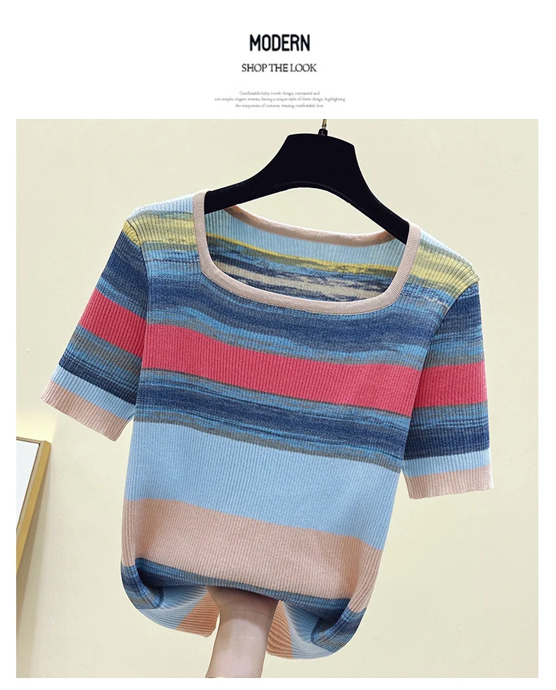 Summer Thin Oversized Striped Tshirt Sweater Women Short Sleeve Square Collar Tops Fashion Loose Stylish Ladies Knitwear Jumpers