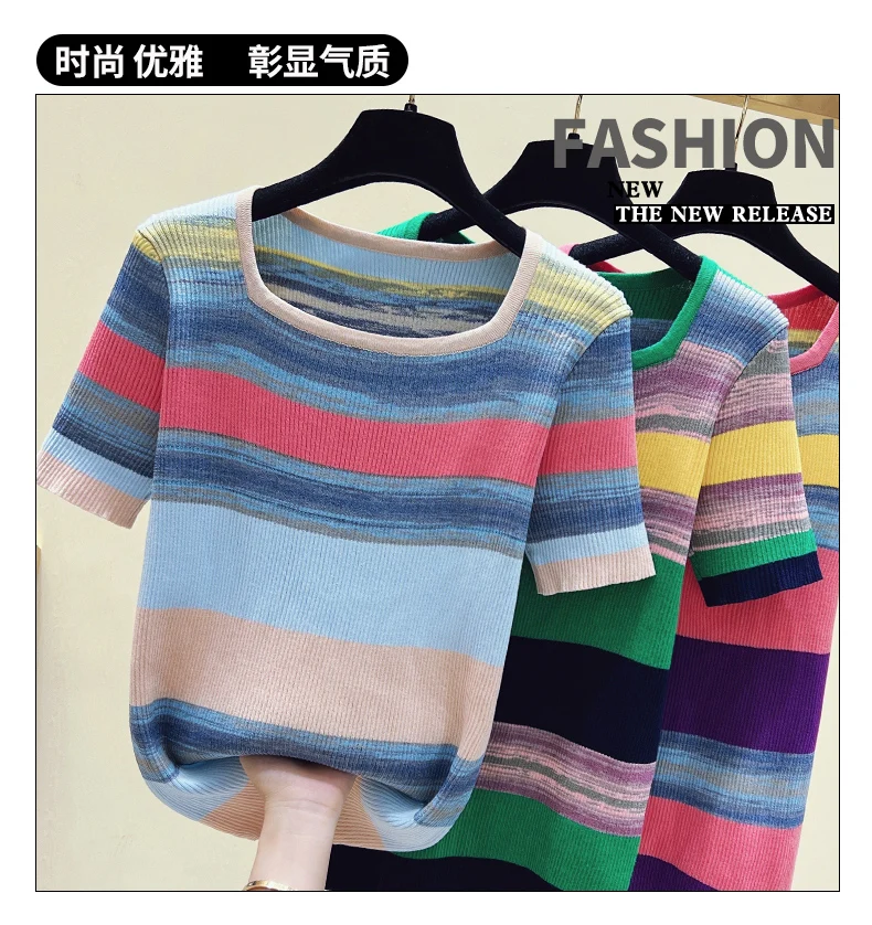 Summer Thin Oversized Striped Tshirt Sweater Women Short Sleeve Square Collar Tops Fashion Loose Stylish Ladies Knitwear Jumpers