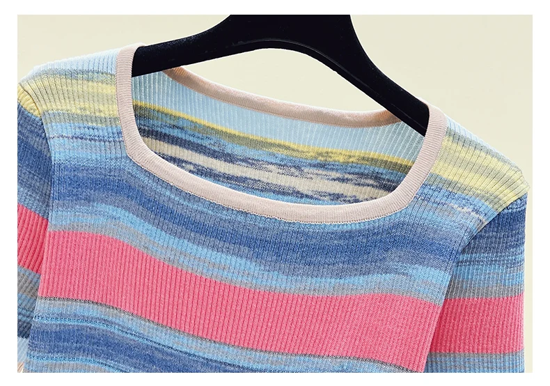 Summer Thin Oversized Striped Tshirt Sweater Women Short Sleeve Square Collar Tops Fashion Loose Stylish Ladies Knitwear Jumpers