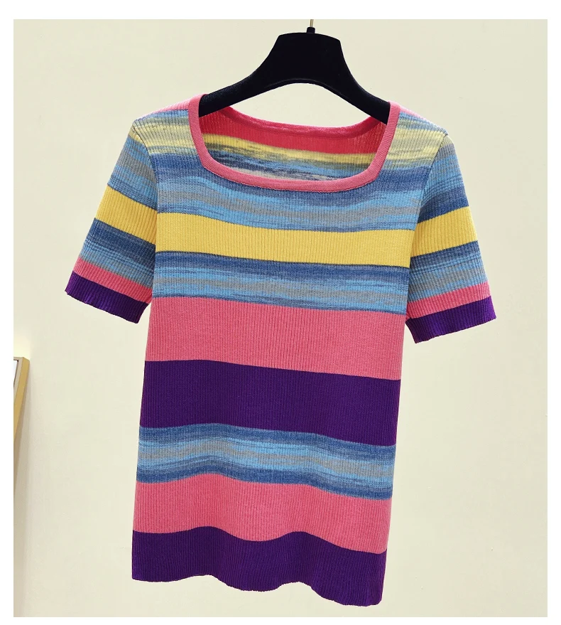 Summer Thin Oversized Striped Tshirt Sweater Women Short Sleeve Square Collar Tops Fashion Loose Stylish Ladies Knitwear Jumpers