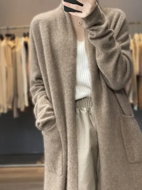 Women's 100% Merino Wool Coat Cardigan Long Sleeve Sweater Autumn Winter Solid Color Loose Warm Knitwear Fashion Female Long Coa