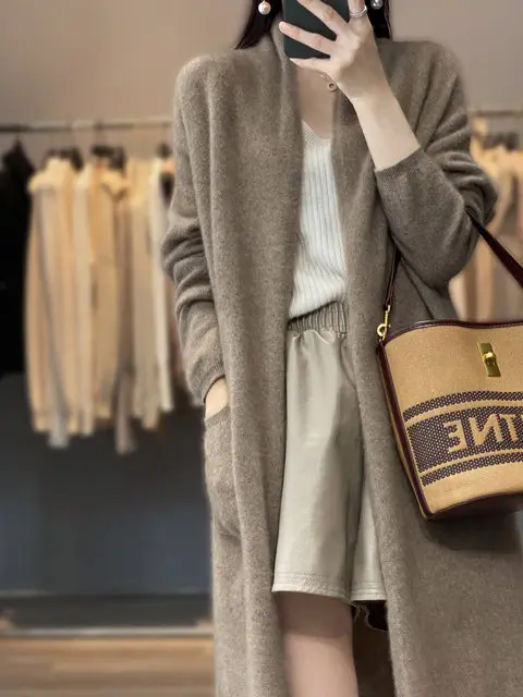 Women's 100% Merino Wool Coat Cardigan Long Sleeve Sweater Autumn Winter Solid Color Loose Warm Knitwear Fashion Female Long Coa