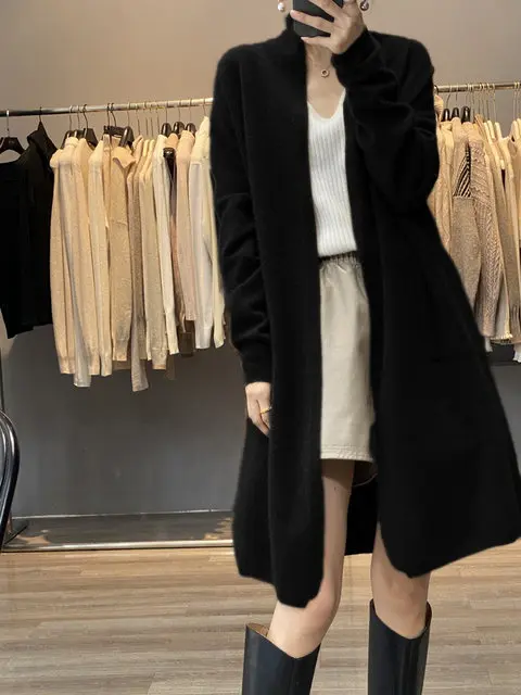 Women's 100% Merino Wool Coat Cardigan Long Sleeve Sweater Autumn Winter Solid Color Loose Warm Knitwear Fashion Female Long Coa