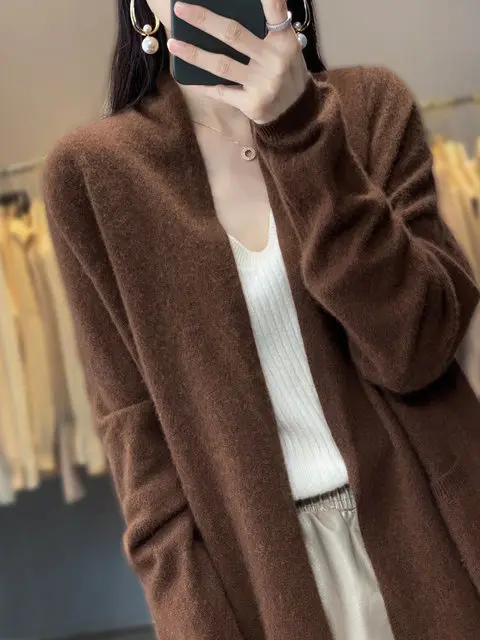 Women's 100% Merino Wool Coat Cardigan Long Sleeve Sweater Autumn Winter Solid Color Loose Warm Knitwear Fashion Female Long Coa