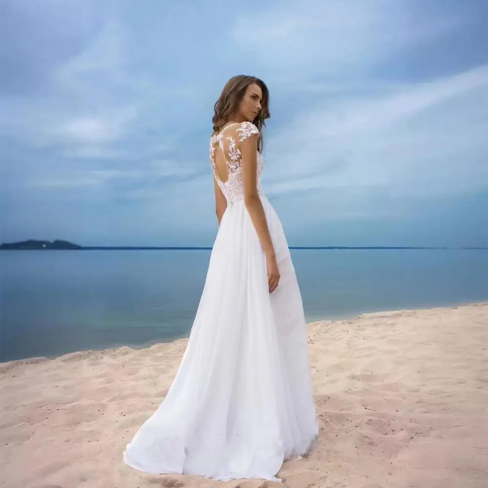 Elegant Evening Gown for Women Elegant Lace V-neck Wedding Dress for Bride Chiffon Evening Gown with Slit Boho Beach for Prom