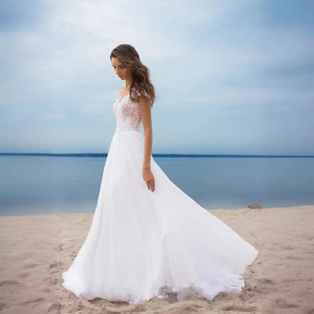 Elegant Evening Gown for Women Elegant Lace V-neck Wedding Dress for Bride Chiffon Evening Gown with Slit Boho Beach for Prom