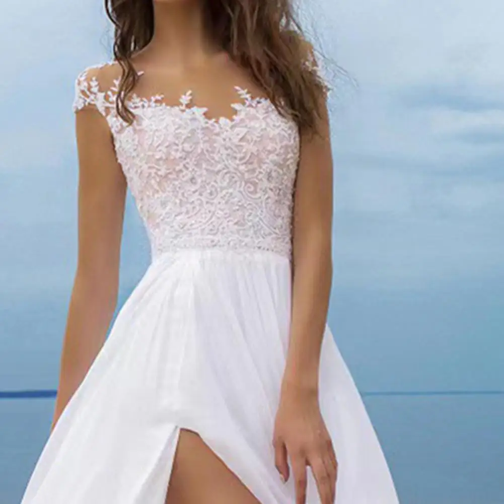 Elegant Evening Gown for Women Elegant Lace V-neck Wedding Dress for Bride Chiffon Evening Gown with Slit Boho Beach for Prom