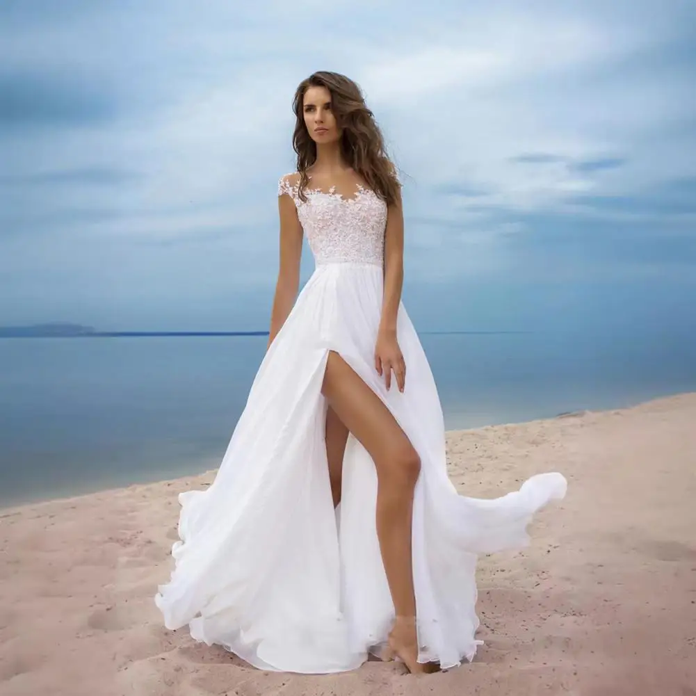 Elegant Evening Gown for Women Elegant Lace V-neck Wedding Dress for Bride Chiffon Evening Gown with Slit Boho Beach for Prom