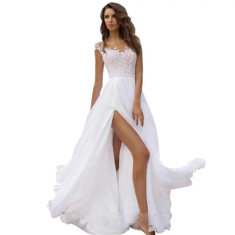 Elegant Evening Gown for Women Elegant Lace V-neck Wedding Dress for Bride Chiffon Evening Gown with Slit Boho Beach for Prom