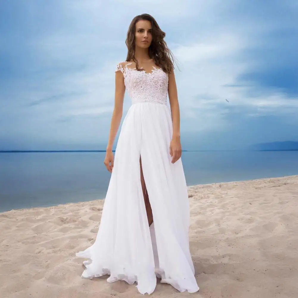 Elegant Evening Gown for Women Elegant Lace V-neck Wedding Dress for Bride Chiffon Evening Gown with Slit Boho Beach for Prom