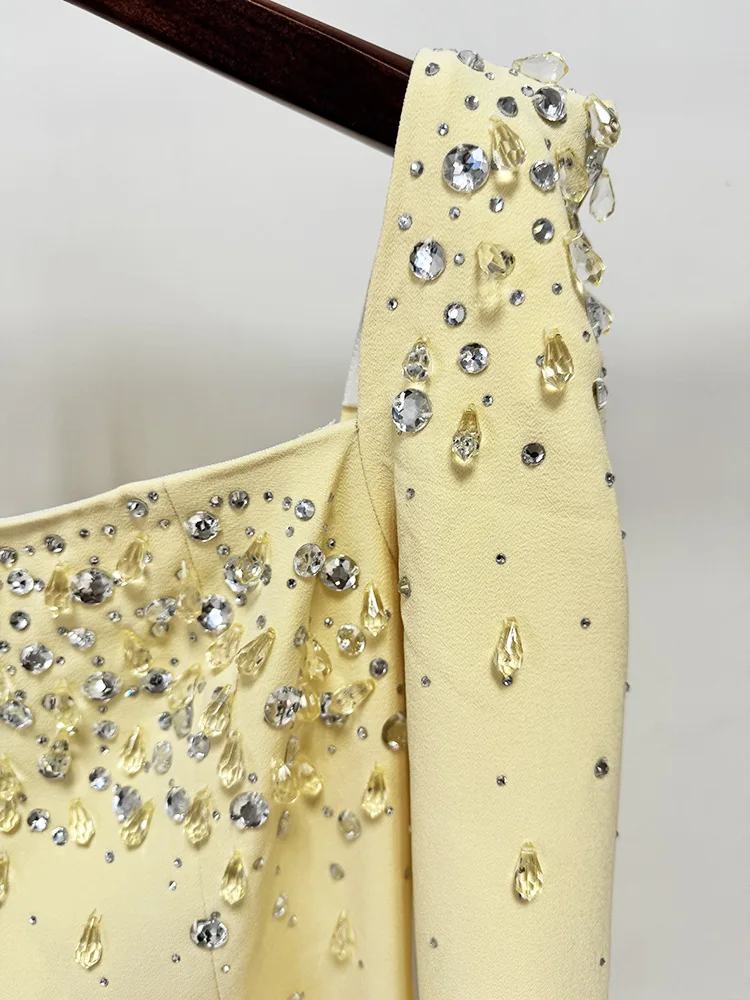 HIGH QUALITY Newest Fashion 2026 Designer Vestido Women's Square Collar Beading Diamonds Long Sleeve Maxi Dress