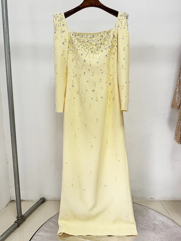 HIGH QUALITY Newest Fashion 2026 Designer Vestido Women's Square Collar Beading Diamonds Long Sleeve Maxi Dress