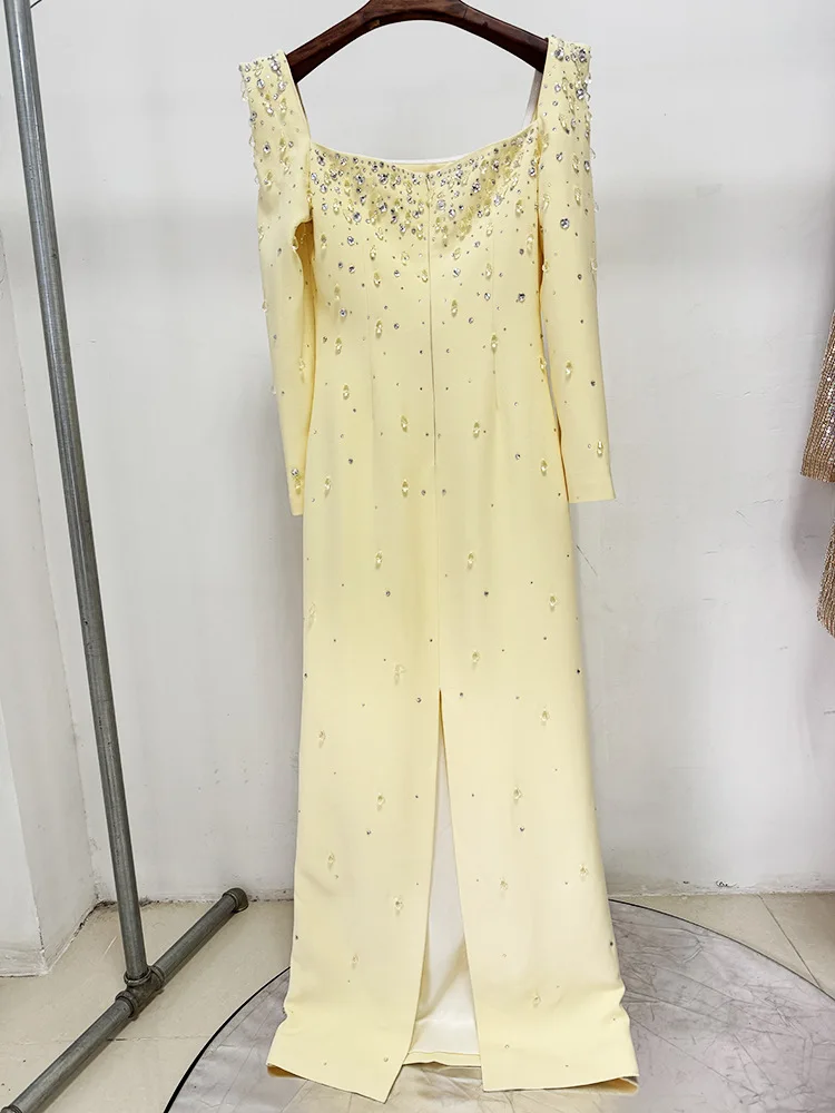 HIGH QUALITY Newest Fashion 2026 Designer Vestido Women's Square Collar Beading Diamonds Long Sleeve Maxi Dress