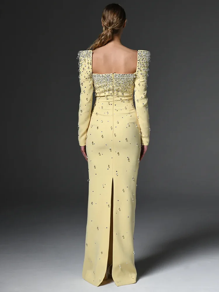 HIGH QUALITY Newest Fashion 2026 Designer Vestido Women's Square Collar Beading Diamonds Long Sleeve Maxi Dress