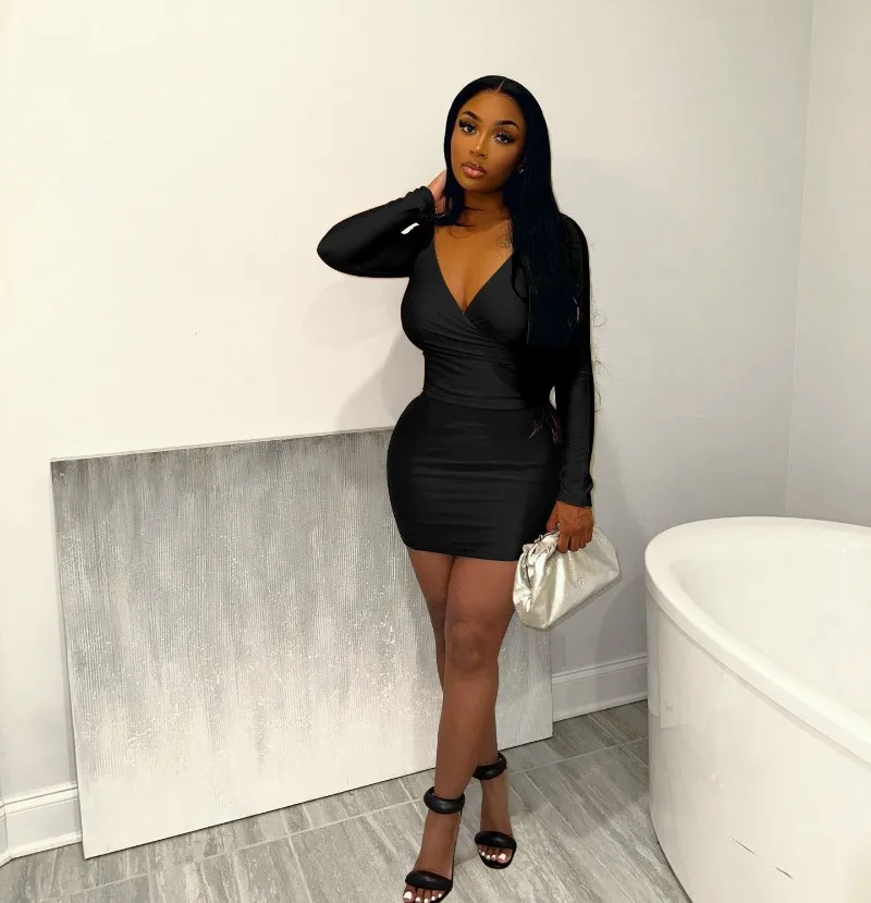 Women Casual Solid 2 Piece Set Tracksuits Wrapped Off Shoulder Long Sleeve Shirts Crop Top + Peach Hips Mini Skirts Streetwear