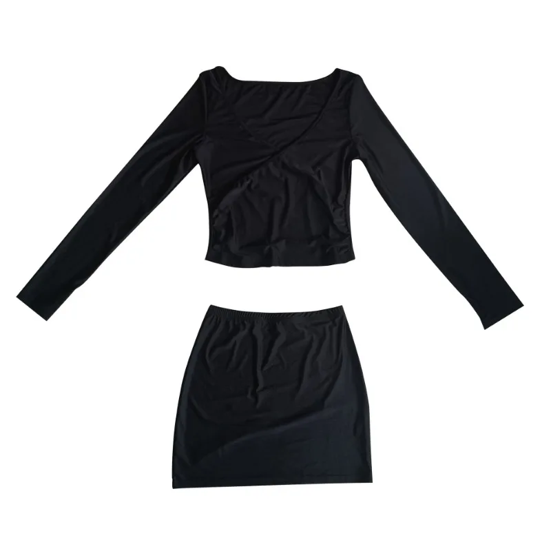 Women Casual Solid 2 Piece Set Tracksuits Wrapped Off Shoulder Long Sleeve Shirts Crop Top + Peach Hips Mini Skirts Streetwear