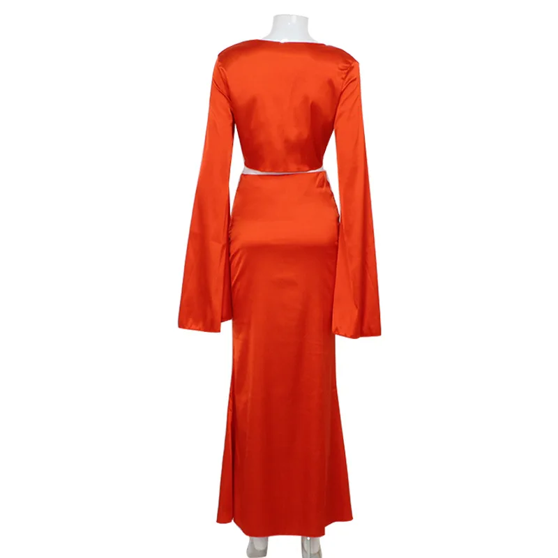 Suits Sets Women Fashion Sexy Streetwear Solid Flare Sleeves Deep V-Neck Tracksuits (Tops+Long Skirts)Matching 2 Pieces Female