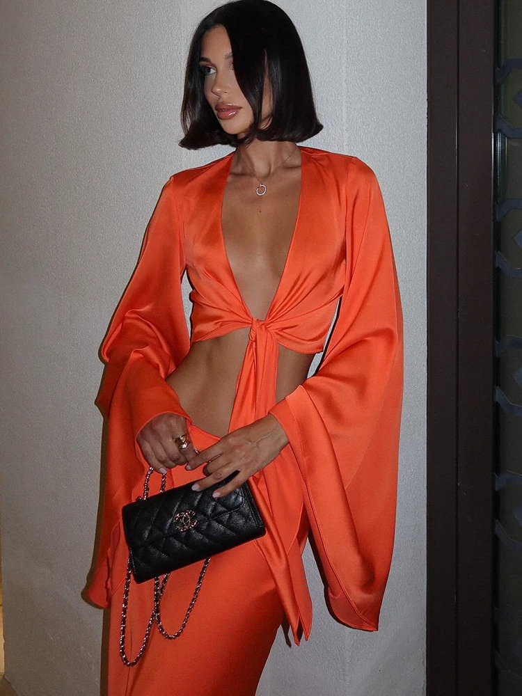 Suits Sets Women Fashion Sexy Streetwear Solid Flare Sleeves Deep V-Neck Tracksuits (Tops+Long Skirts)Matching 2 Pieces Female