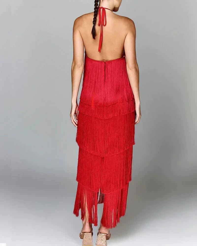 Fashion Neck Fringed Backless Slit Dress for Women