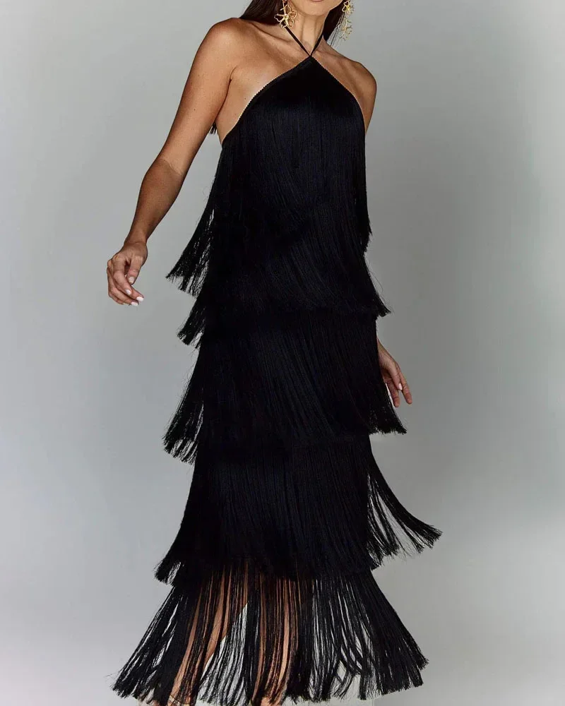 Fashion Neck Fringed Backless Slit Dress for Women