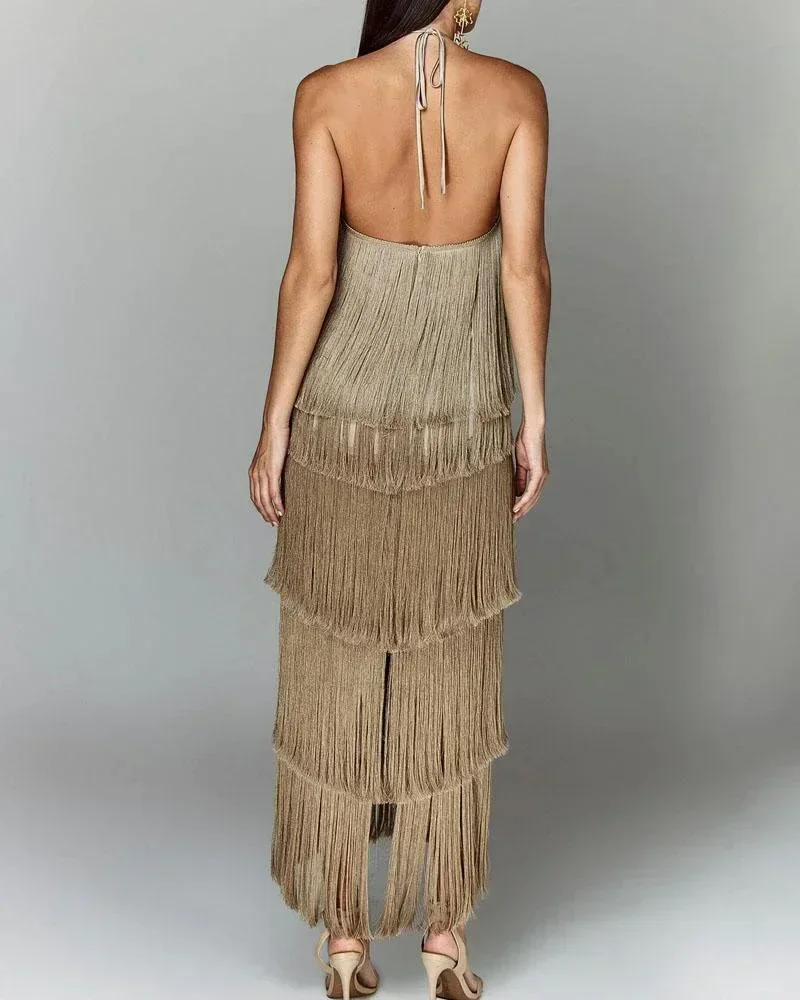 Fashion Neck Fringed Backless Slit Dress for Women