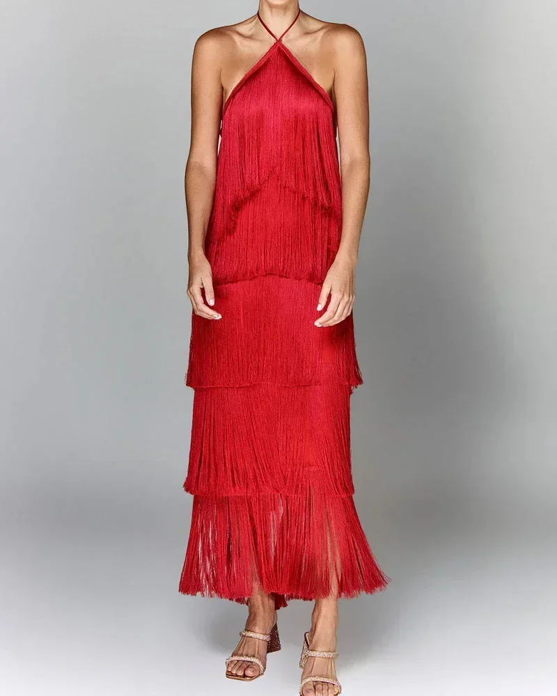 Fashion Neck Fringed Backless Slit Dress for Women