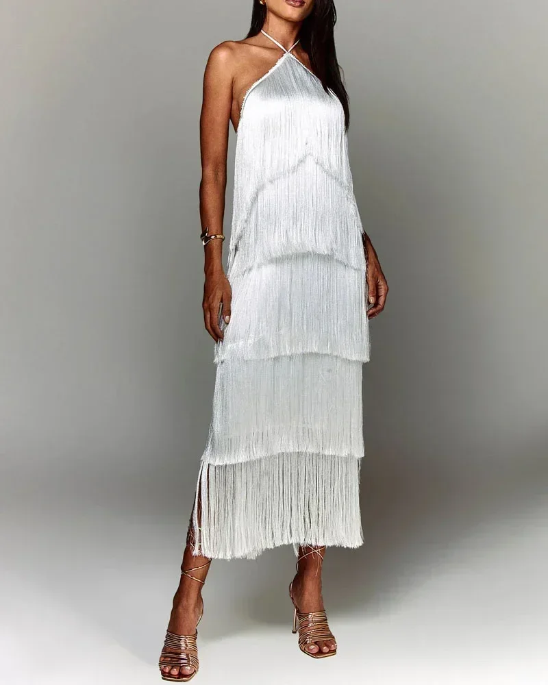 Fashion Neck Fringed Backless Slit Dress for Women