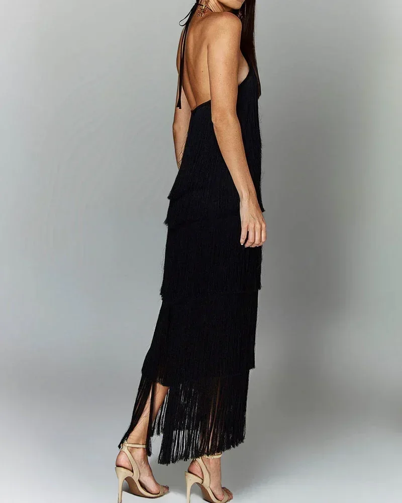 Fashion Neck Fringed Backless Slit Dress for Women