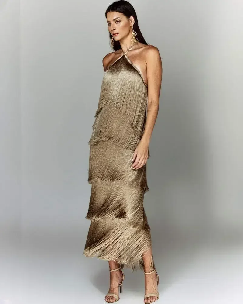 Fashion Neck Fringed Backless Slit Dress for Women