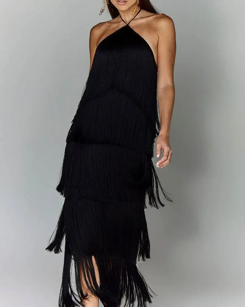 Fashion Neck Fringed Backless Slit Dress for Women