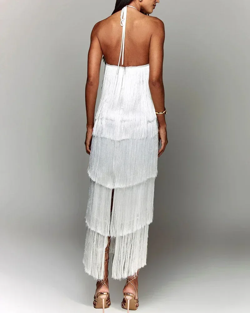 Fashion Neck Fringed Backless Slit Dress for Women