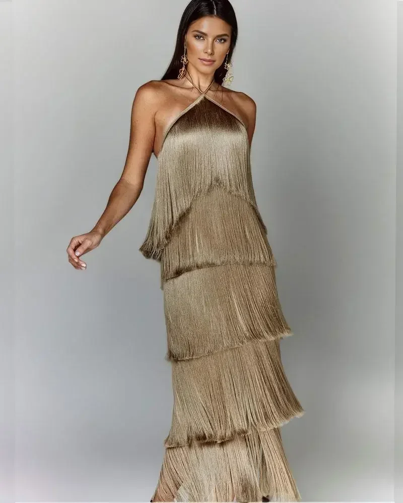 Fashion Neck Fringed Backless Slit Dress for Women