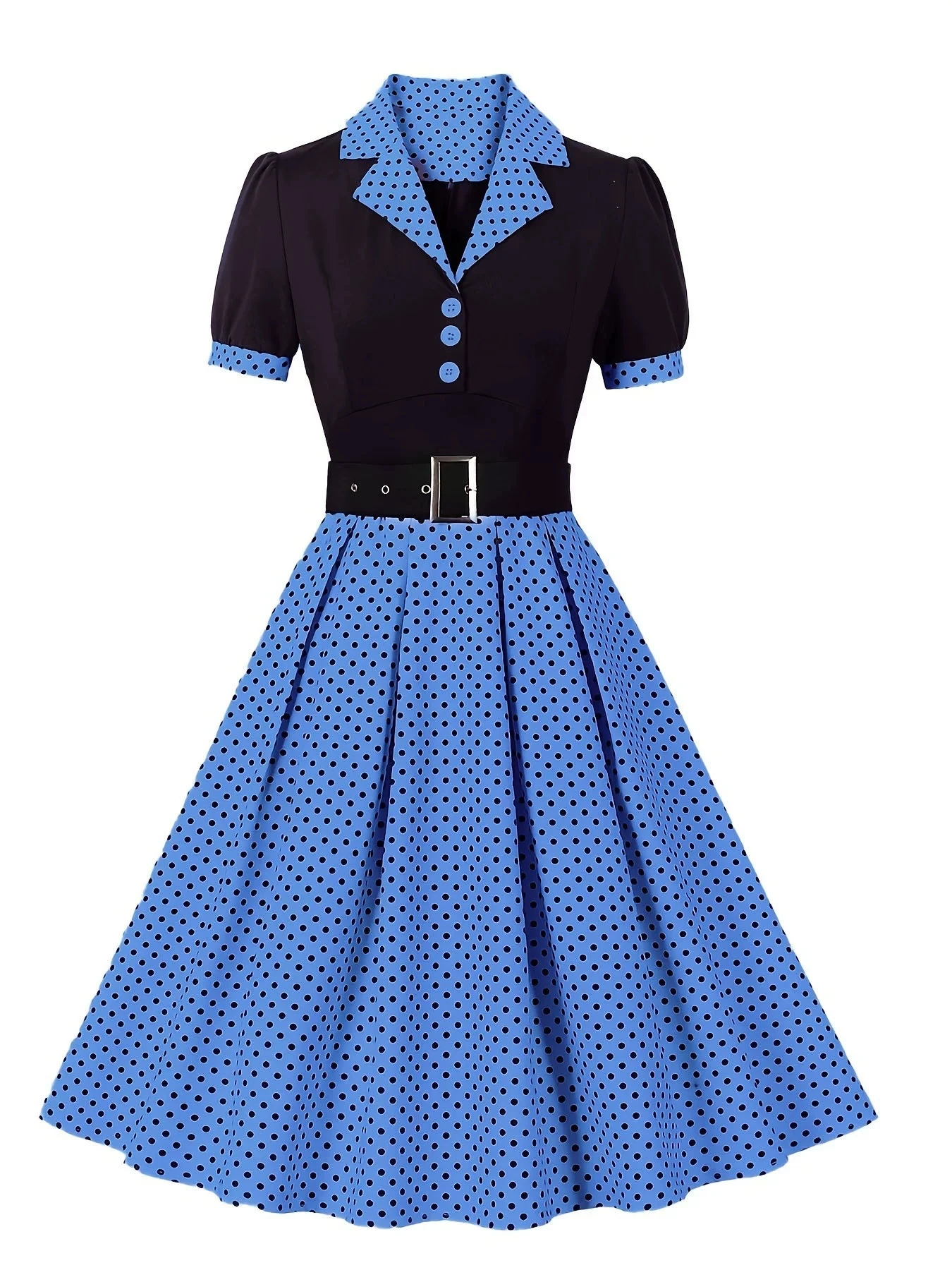 Hot Selling Commuting Art Retro Polka Dot Short Sleeved Lapel Dress with Belt in Europe and America
