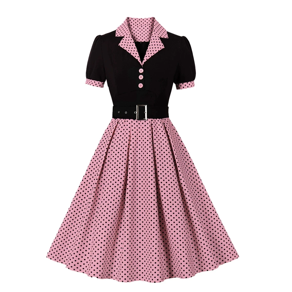 Hot Selling Commuting Art Retro Polka Dot Short Sleeved Lapel Dress with Belt in Europe and America