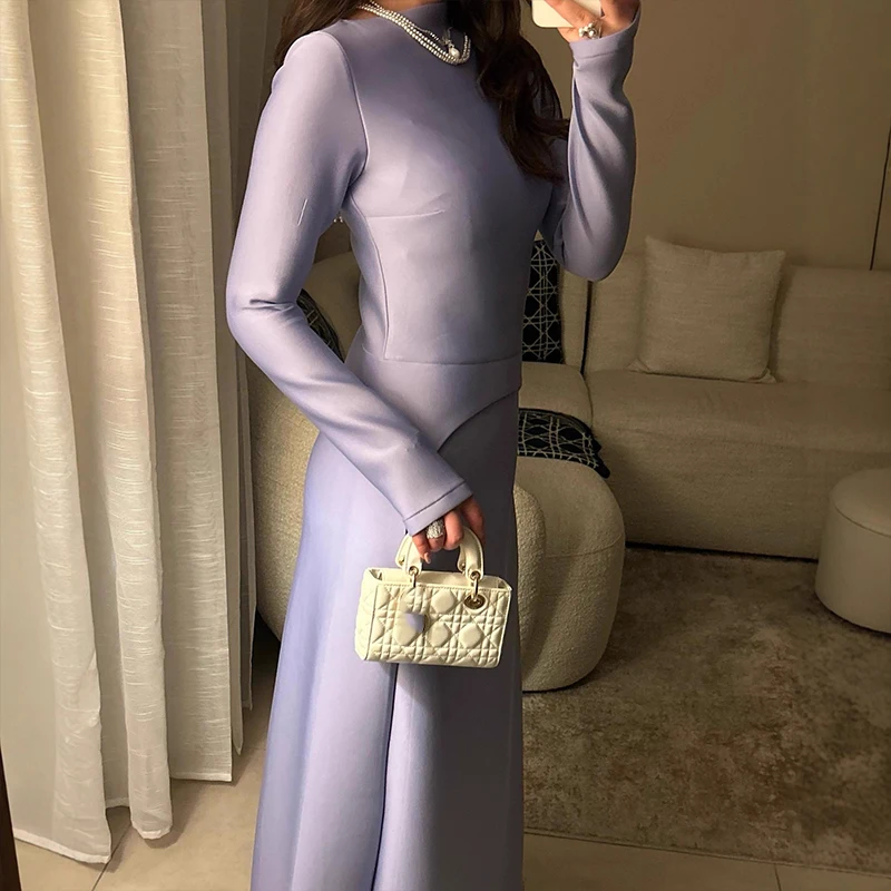 Casual Clothing Solid Color High Waist Dress New 2025 Temperament Host Dress Fashion Women's O-neck Autumn Long Dress Vestidos