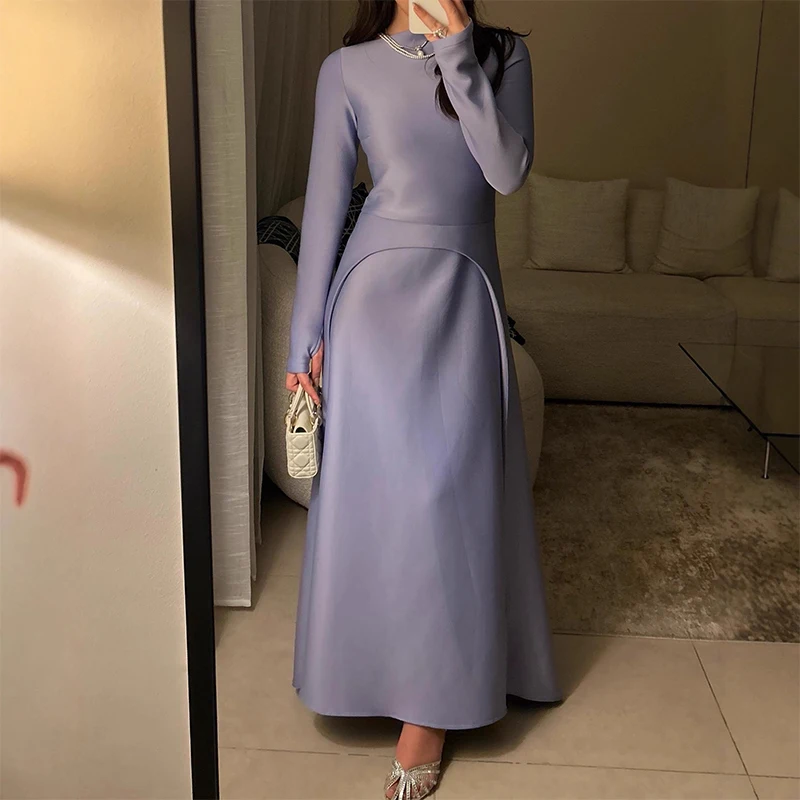 Casual Clothing Solid Color High Waist Dress New 2025 Temperament Host Dress Fashion Women's O-neck Autumn Long Dress Vestidos
