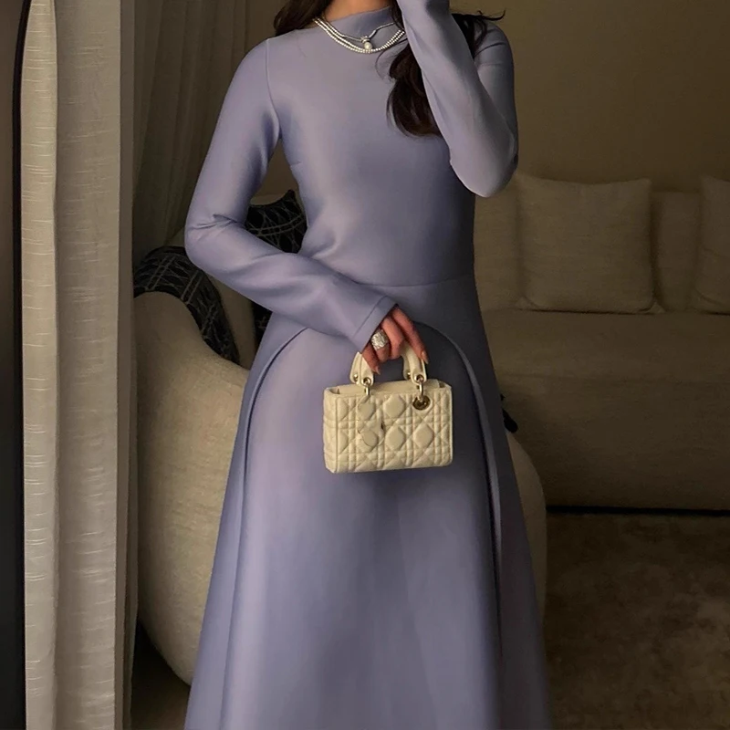 Casual Clothing Solid Color High Waist Dress New 2025 Temperament Host Dress Fashion Women's O-neck Autumn Long Dress Vestidos