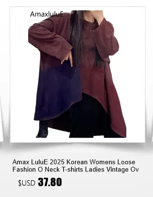 Amax LuluE 2025 Korean Womens Loose Fashion O Neck T-shirts Ladies Vintage Oversized Tops Cotton Leisure Classic Luxury Clothes