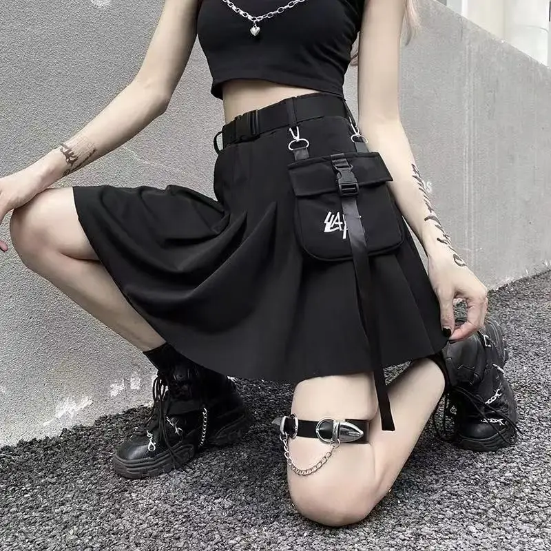 2026 Cargo Black Punk Gothic Skirt Woman Pleated Harajuku A-Line High Waist Mini Skirts Girl Preppy Style Women