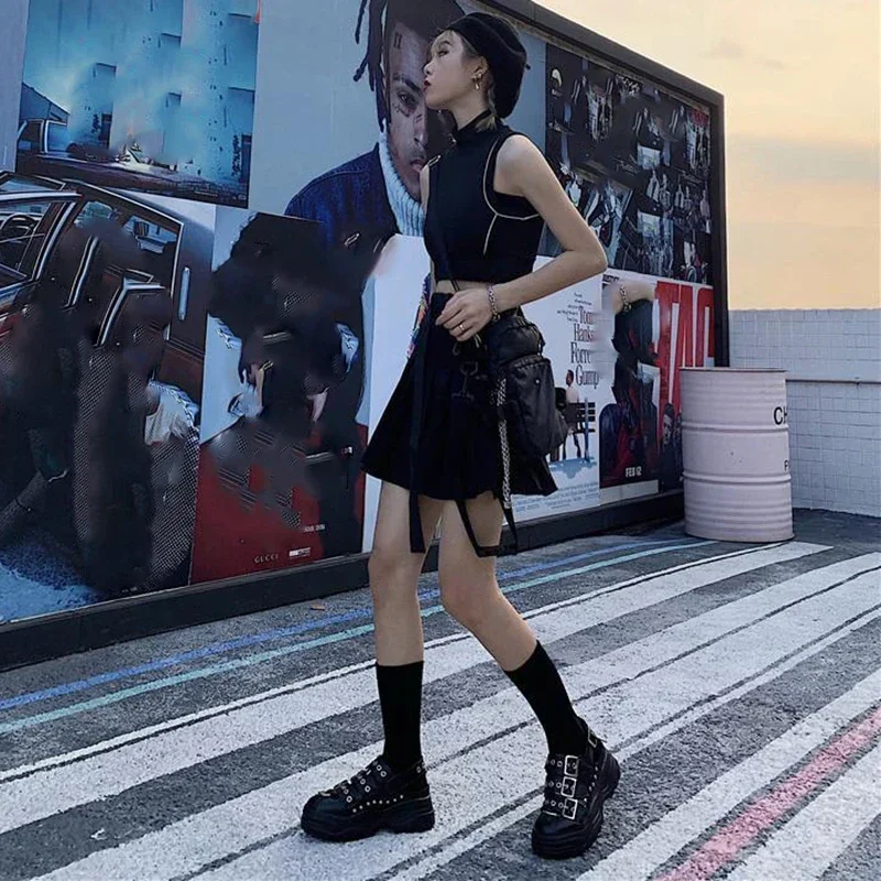 2026 Cargo Black Punk Gothic Skirt Woman Pleated Harajuku A-Line High Waist Mini Skirts Girl Preppy Style Women