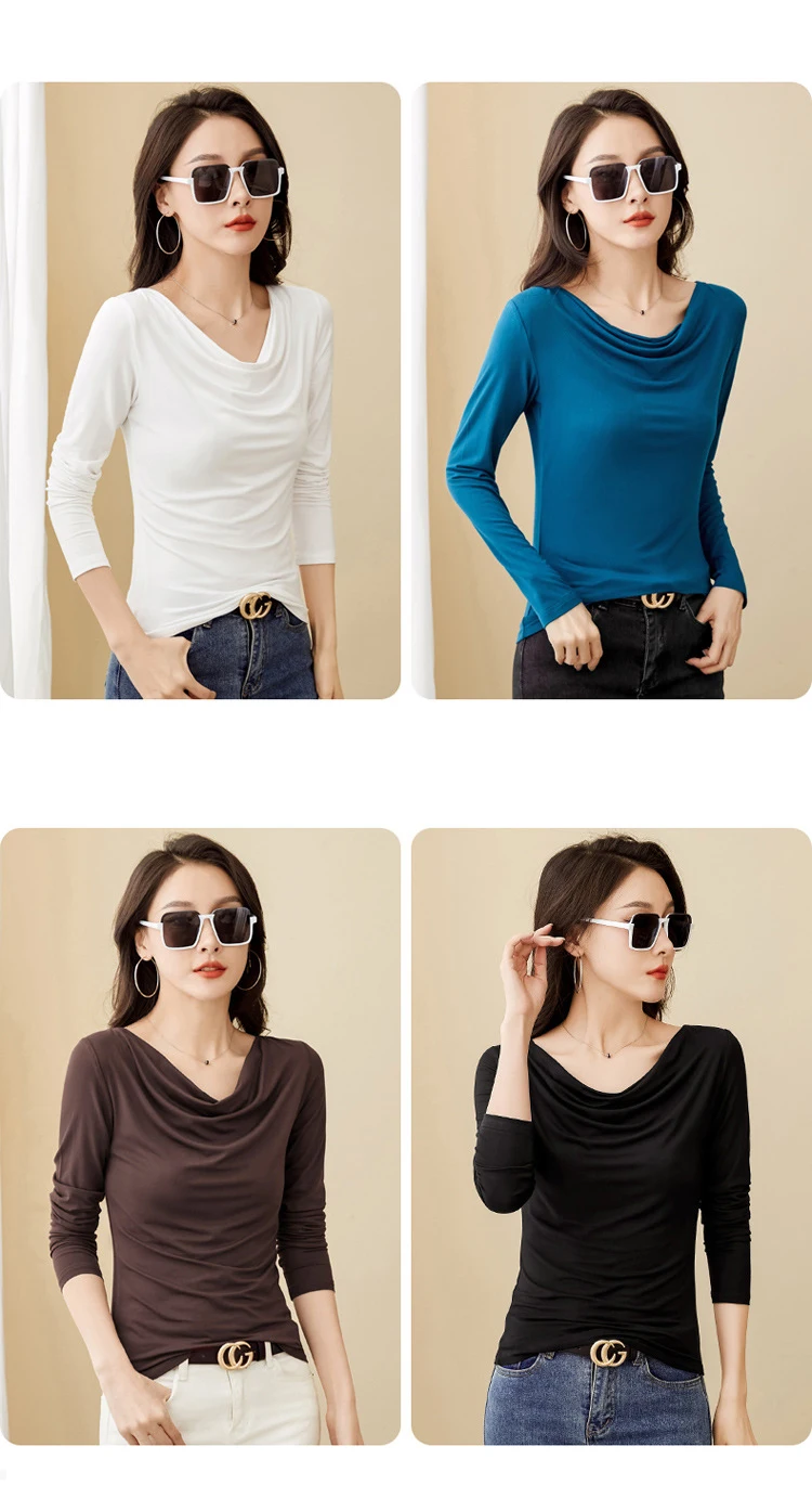Korean Coffee Long Sleeved T-Shirt for Women's Autumn New High-End Cotton Fashion Plus V-Neck Casual Top