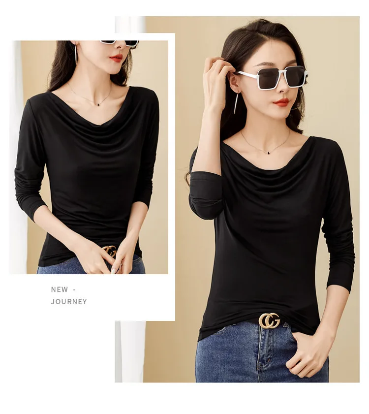 Korean Coffee Long Sleeved T-Shirt for Women's Autumn New High-End Cotton Fashion Plus V-Neck Casual Top