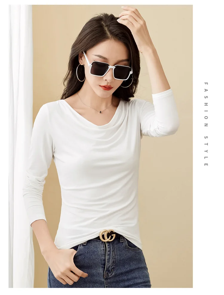 Korean Coffee Long Sleeved T-Shirt for Women's Autumn New High-End Cotton Fashion Plus V-Neck Casual Top