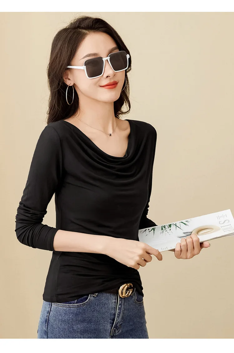 Korean Coffee Long Sleeved T-Shirt for Women's Autumn New High-End Cotton Fashion Plus V-Neck Casual Top
